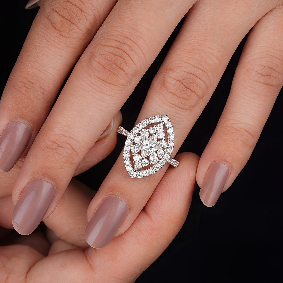 Women's Elegant Marquise Geometric Floral Ring, Perfect Gift